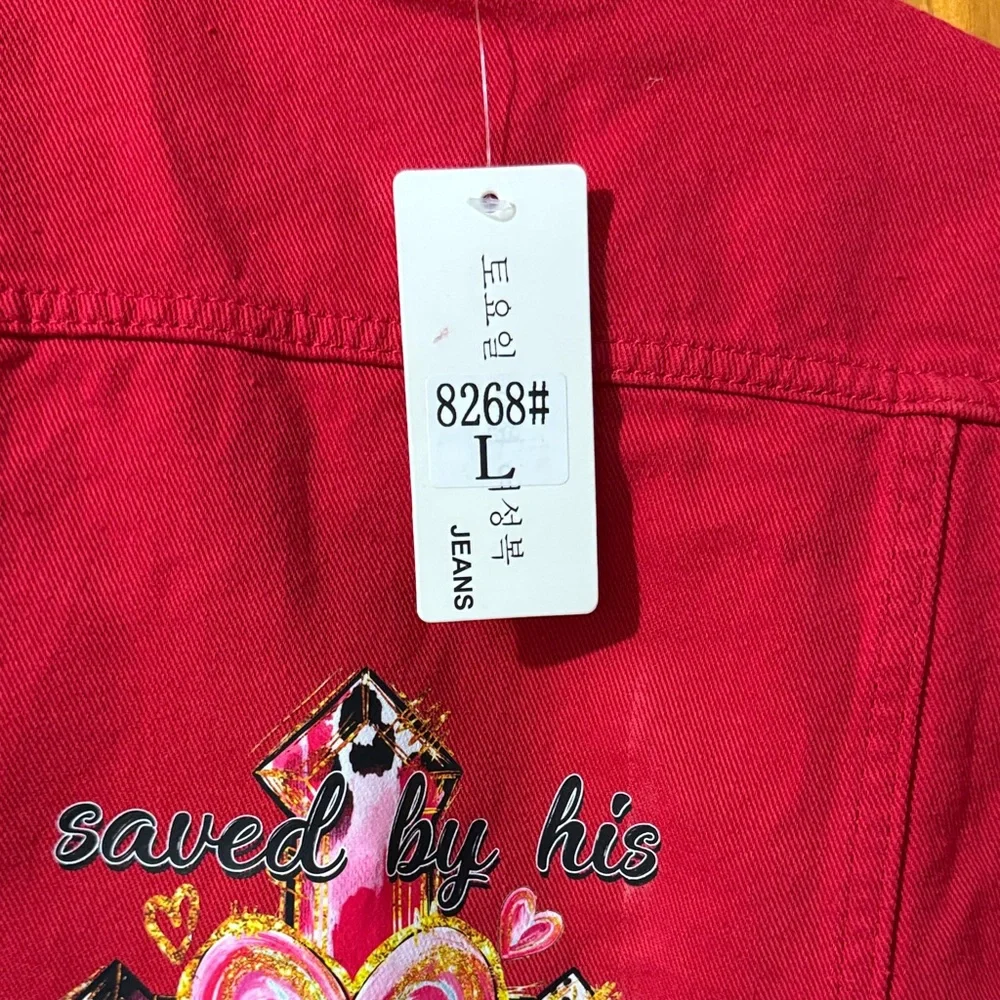 Stylish Red Jean Jacket with Heart Design - Picture 5 of 5